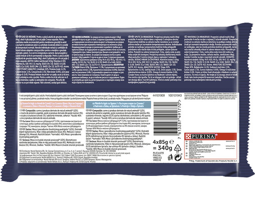 Spatele unui ambalaj de hrană pentru pisici Purina care conține informații nutriționale și recomandări de hrănire