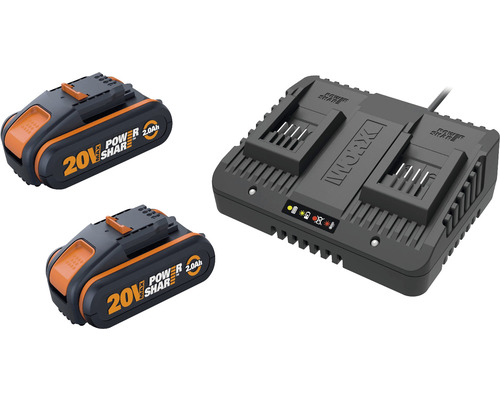 Două baterii Worx Power Share de 20 volți și un încărcător dublu Worx