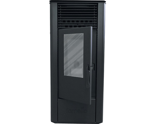 Șemineu pe peleți cu ușa deschisă și fereastră de vizualizare