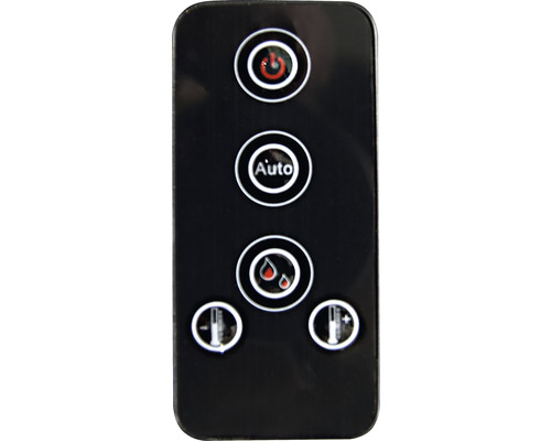 Telecomandă neagră cu butoane pentru pornire/oprire, automat, umiditate și controlul temperaturii.