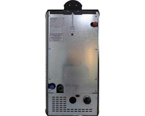 Vedere din spate a unui șemineu pe peleți cu conexiuni și detalii tehnice.