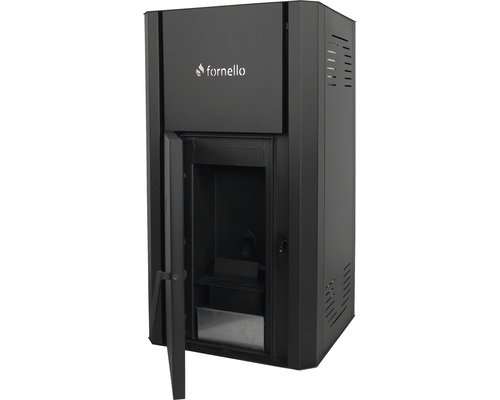 Șemineu cu ușa deschisă și logo-ul Fornello