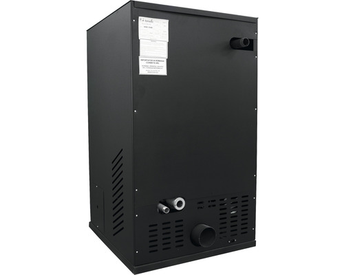 Vedere din spate a unui șemineu negru pe peleți cu conexiuni