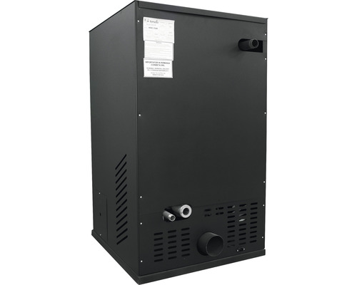 Vedere din spate a unui șemineu pe peleți cu racorduri pentru coș de fum și încălzire