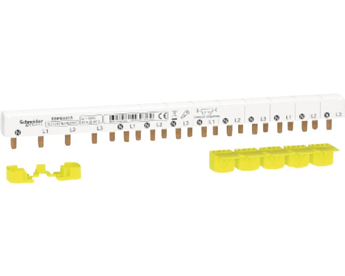 Bară busbar tip pieptene Schneider Resi9 3P+N 63A 13x, pentru tablouri electrice Bară de fază Schneider Electric cu capace de protecție galbene