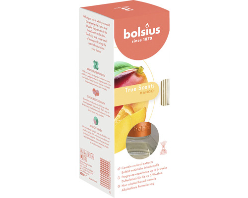 Odorizant Bolsius difuzor cu bețișoare aromă mango 45 ml Difuzor de parfum Bolsius True Scents Mango în ambalaj