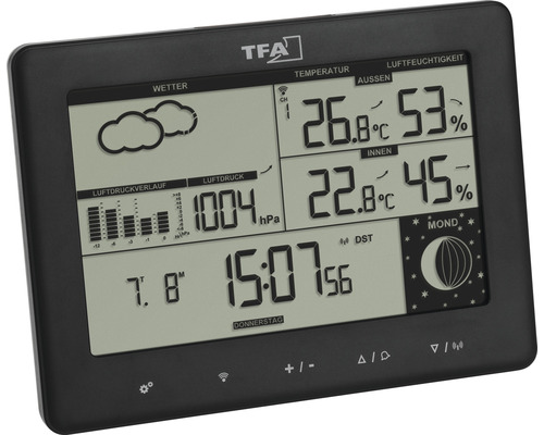 Stație meteo neagră TFA cu afișaj pentru temperatură, umiditate și faza lunii