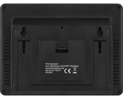 Spatele unei stații meteo cu dispozitiv de suspendare și informații de la producătorul TFA Dostmann