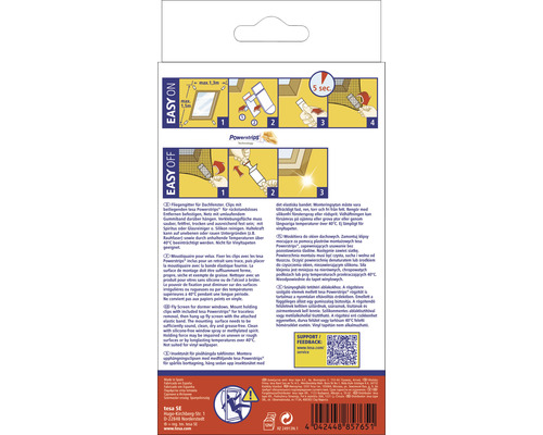 Partea din spate a pachetului Tesa Powerstrips cu instrucțiuni de utilizare
