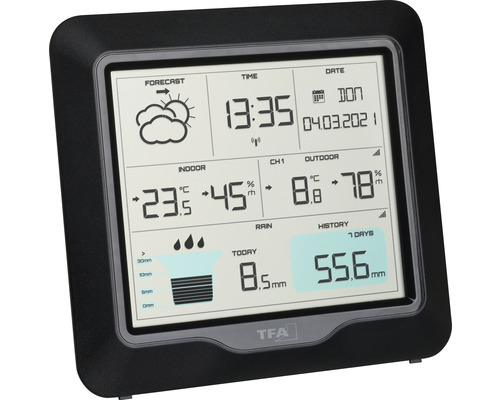 Stație meteo cu afișare a temperaturii interioare și exterioare, a umidității și a prognozei meteo