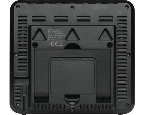 Partea din spate a unei stații meteo cu compartiment pentru baterii