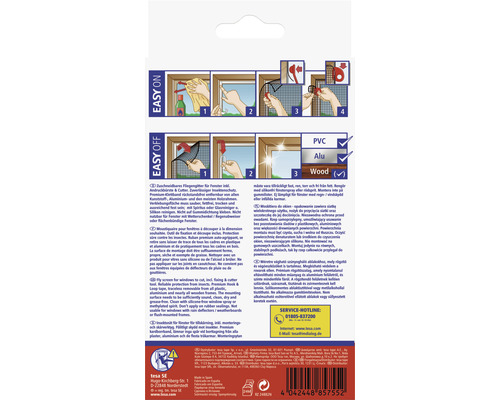 Plasă de țânțari Tesa pentru ferestre cu instrucțiuni de montaj și informații despre materiale.