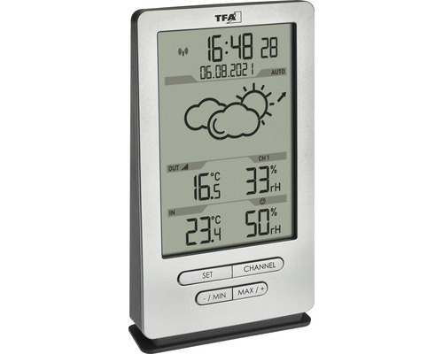 Stație meteo TFA cu afișarea orei, a datei, a temperaturii și a umidității