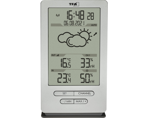 Stație meteo TFA cu afișare oră, dată, temperatură și umiditate