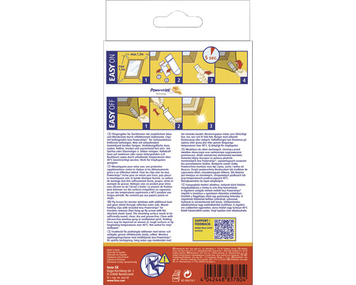 Partea din spate a pachetului Tesa plasă de insecte pentru ferestre de mansardă Powerstrips cu instrucțiuni de asamblare