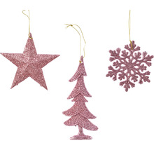 Ornamente decorative de Crăciun, constând dintr-o stea, un brad și un fulg de zăpadă