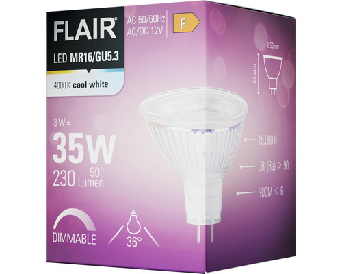 Ambalajul unui bec LED Flair MR16/GU5.3 reglabil cu lumină albă rece