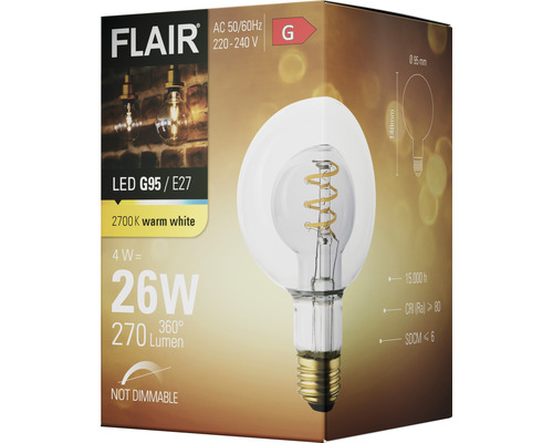 Ambalaj pentru o lampă LED Flair G95 E27 nedimabilă, cu 2700 kelvini alb cald