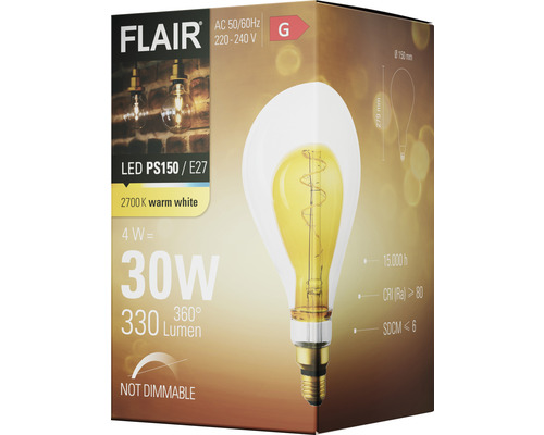 Ambalajul unui bec LED Flair PS150 E27, 4 wați, 2700 kelvin alb cald, nu este reglabil