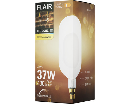 Ambalaj pentru un bec LED Flair DG150/E27 nedimabil, cu 4 wați, echivalent de 37 wați și 430 de lumeni