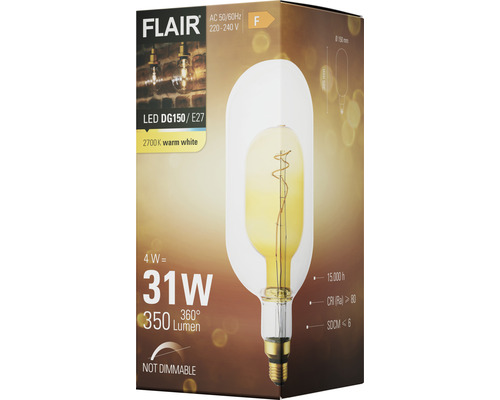 Ambalajul unui bec LED Flair DG150/E27, nu este reglabil