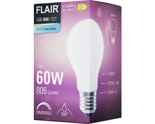 Ambalaj bec LED reglabil Flair A60 E27 de 7 wați, echivalent cu 60 wați și care produce 806 lumeni