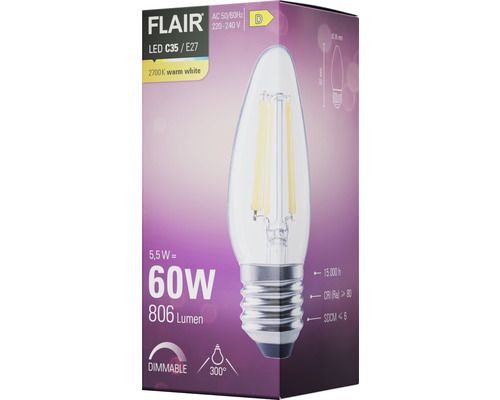 Bec LED Flair C35 E27, 5,5 wați, echivalent cu 60 wați, 806 lumeni