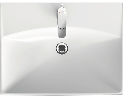 Vedere de sus a unei chiuvete ceramice albe cu robinet și scurgere