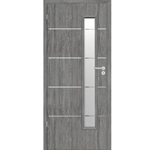Ușă interioară gri cu inserție de sticlă și linii decorative orizontale