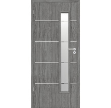 Ușă interioară gri cu inserție de sticlă și șipci decorative orizontale