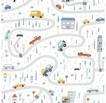 Model cu ilustrații de drumuri, vehicule, copaci și clădiri