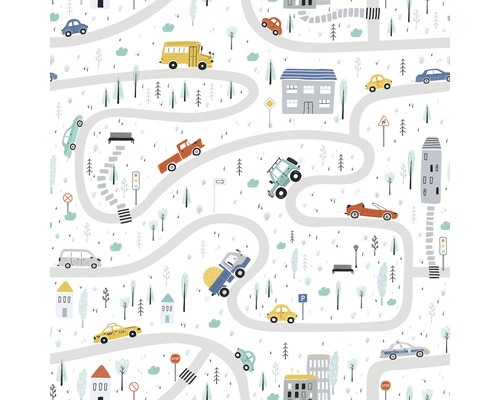 Model cu ilustrații de drumuri, vehicule, copaci și clădiri