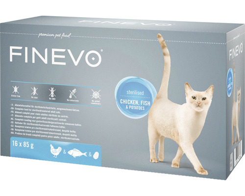 Hrană umedă pentru pisici FINEVO Sterilised Cat cu pui, pește și cartofi 16x85 g