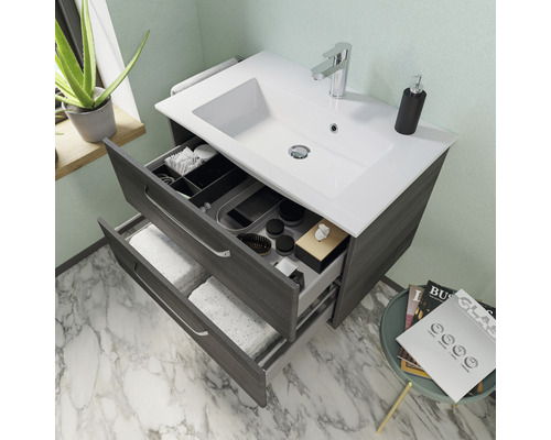 Dulap de bază pentru lavoar cu două sertare deschise în baie