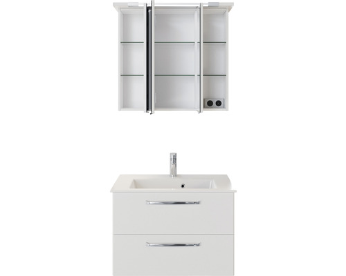 Dulap de bază alb pentru lavoar cu lavoar și dulap cu oglindă cu trei uși și rafturi