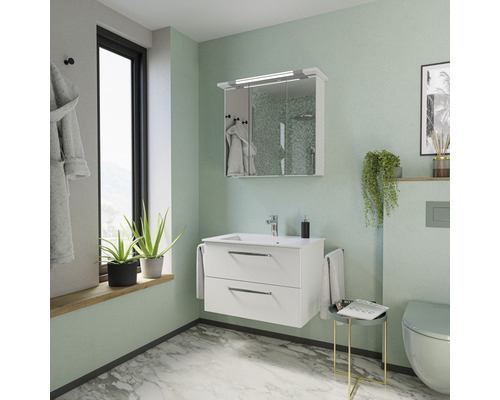 Baie cu dulap sub chiuvetă, dulap cu oglindă și decorațiuni