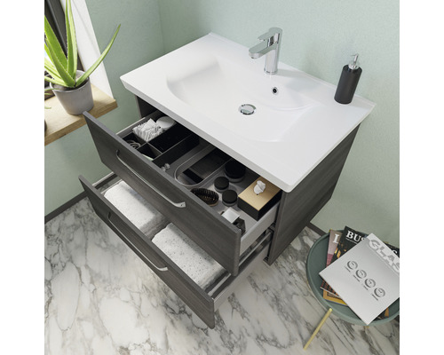 Chiuvetă cu sistem de sertare deschise, baterie și accesorii de baie