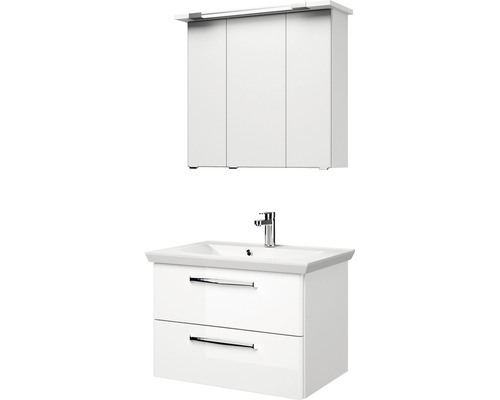 Set mobilier baie cu dulap inferior lavoar, două sertare și dulap cu oglindă cu trei uși