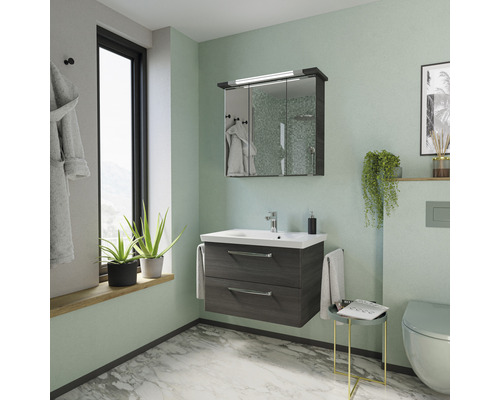 Baie modernă cu dulap de bază pentru lavoar, dulap cu oglindă și decorațiuni