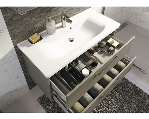 Baie cu dulap de bază pentru lavoar cu extrageri, lavoar, baterie și accesorii de baie