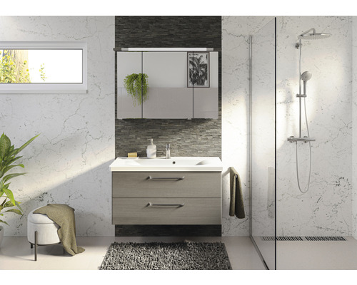 Baie luminoasă cu dulap sub lavoar, dulap cu oglindă, duș și decorațiuni pentru un interior modern.