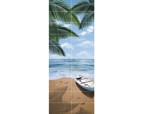 Faianță decorativă cu tematică de plajă, inclusiv palmieri, mare și o barcă.