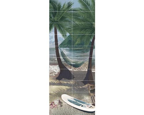 Plăci ceramice cu motiv de plajă, hamac între palmieri, placă de surf în nisip