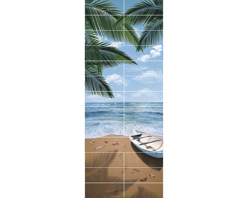 Imagine de gresie din mai multe piese cu palmieri, mare și plajă