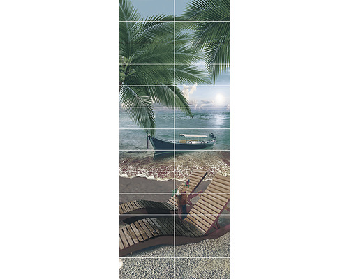 Faianță cu motiv de plajă, inclusiv palmieri, mare și șezlonguri