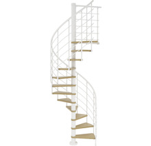 Scară spiralată cu balustradă metalică și trepte din lemn