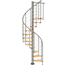 Scară spirală cu trepte din lemn și balustradă metalică