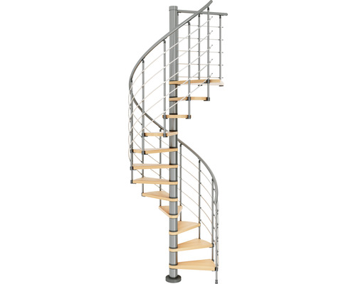 Scară spiralată cu balustradă metalică și trepte din lemn