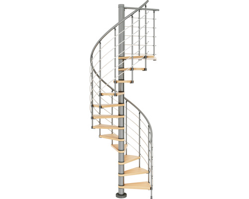 Scară spiralată cu balustradă metalică și trepte din lemn