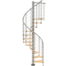 Scară spiralată cu trepte din lemn și balustradă metalică